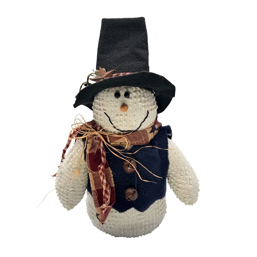 Primitive Cottagecore Stuffed Snowman Decor Figure‎ Rustic Top Hat Navy Vest